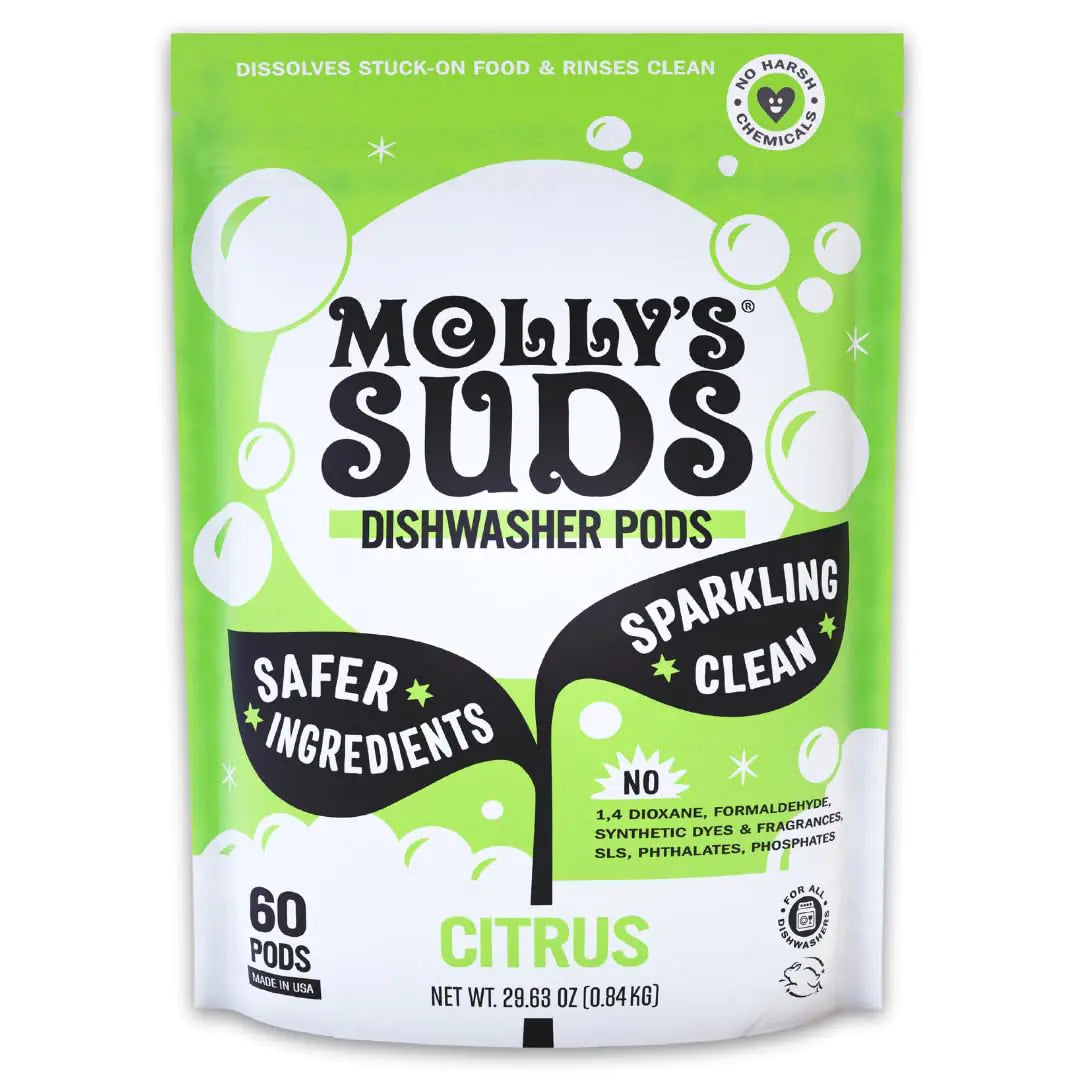 Mollys Suds Dishwasher Pods | Clean Dishwasher Detergent Cuts Grease & Rinses Clean (Residue-Free) for Sparkling Dishes | 60 Auto-Release Tabs (Citrus)