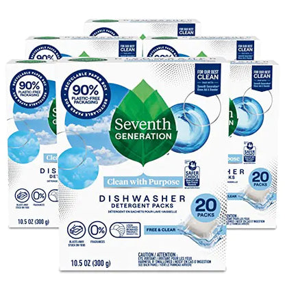 Seventh Generation Dishwasher Detergent Packs Free & Clear Pack of 6 for sparkling dishes Dishwasher tabs 20 count