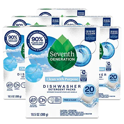 Seventh Generation Dishwasher Detergent Packs Free & Clear Pack of 6 for sparkling dishes Dishwasher tabs 20 count