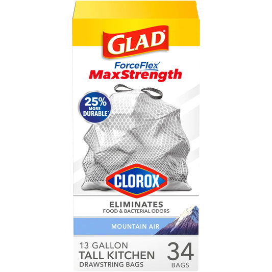 Glad ForceFlex MaxStrength with Clorox Tall Kitchen Trash Bags 13 Gal 34 Ct (Package May Vary)