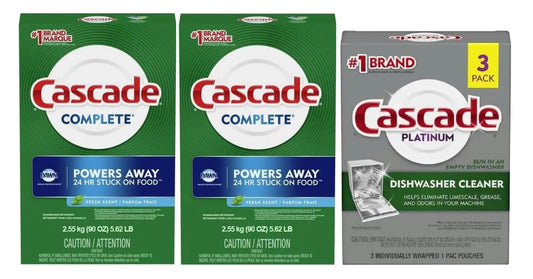 Cascade Complete Powder Dishwasher Detergent Fresh Scent 90 oz (2 pack) With Cascade Platinum Dishwasher Cleaner 3 count Bonus Pack