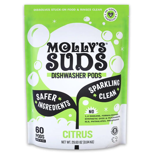 Mollys Suds Dishwasher Pods | Clean Dishwasher Detergent Cuts Grease & Rinses Clean (Residue-Free) for Sparkling Dishes | 60 Auto-Release Tabs (Citrus)